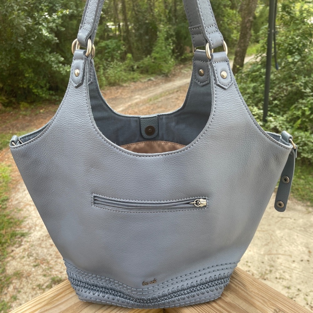 The Sak Leather Shoulder Bag Womens Medium Blue Crochet Trim Boho Minimalist